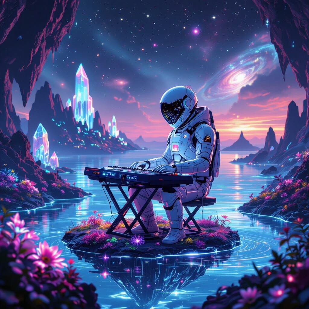 Synthwave Musician on Floating Island in Cosmic Ocean