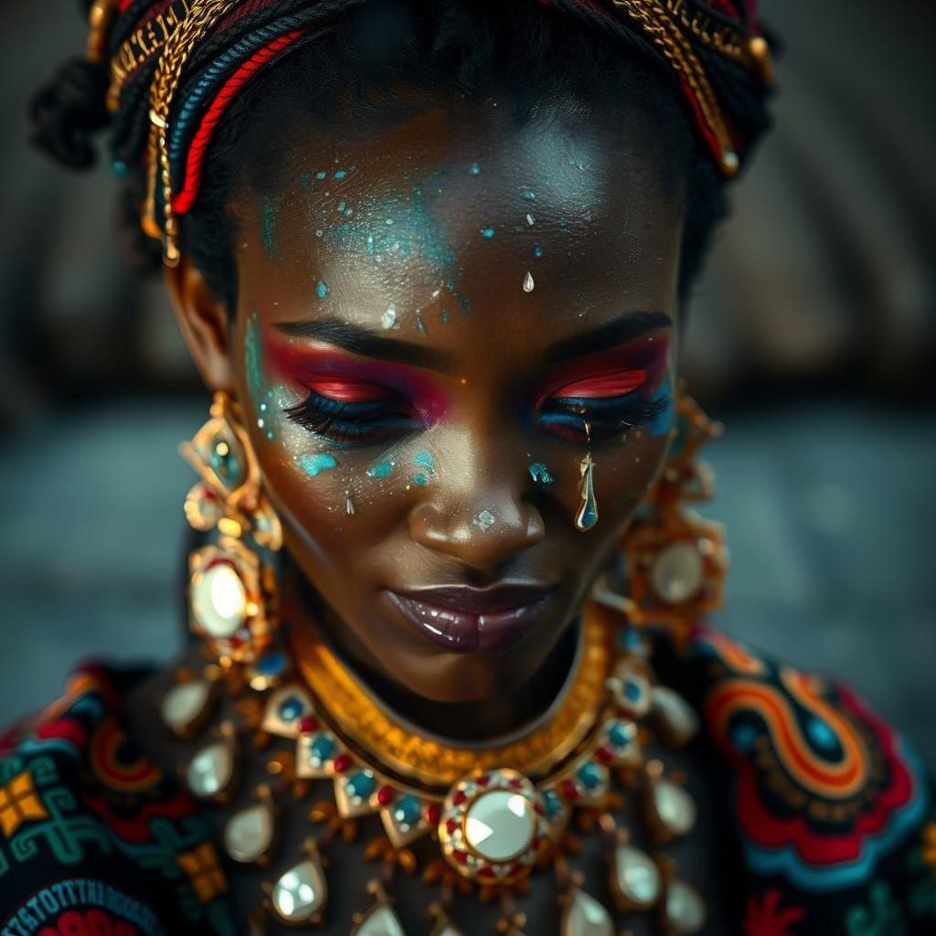 Hyperrealistic Portrait of a Crying Woman in African Clothin...