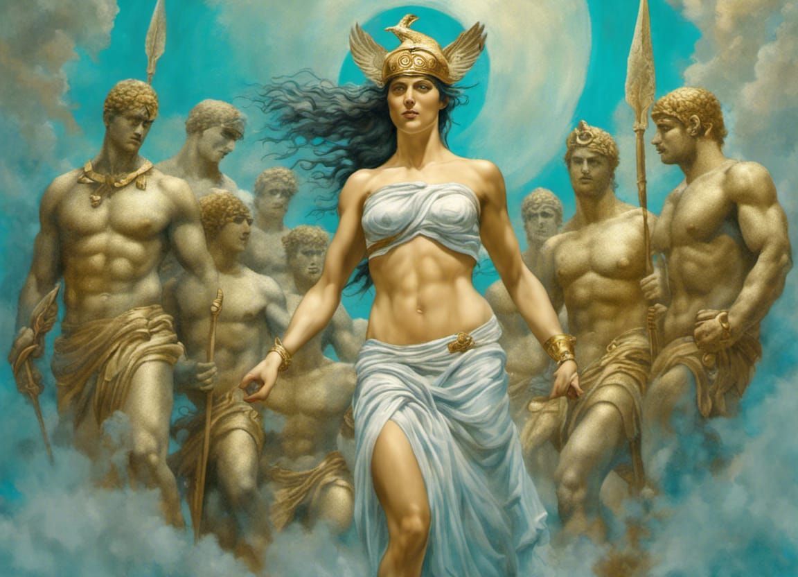 Athena Oversees Sparring Match: Pointillist Oil Painting