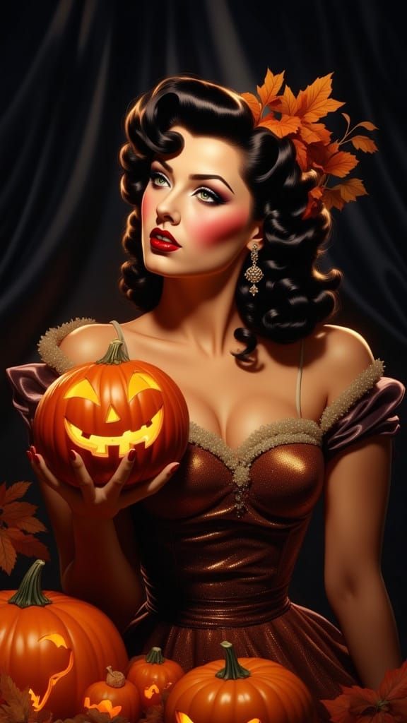 1950s Pin-Up Witch with Carved Pumpkin