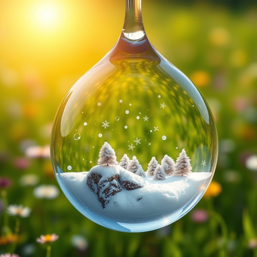 Ethereal Winter Wonderland in a Dazzling Water Droplet