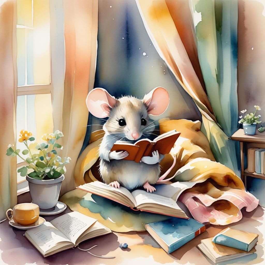 Mouse Reading Book in Cozy Home, Watercolor Illustration