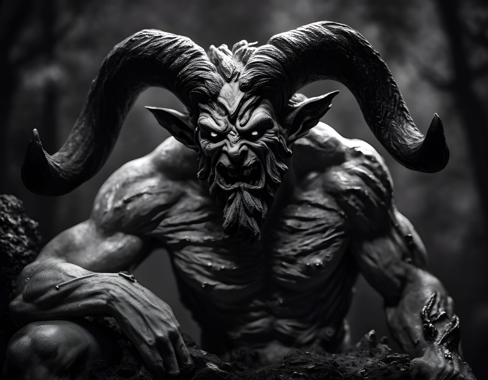 Menacing Satyr from Dark Mythology in Black and White