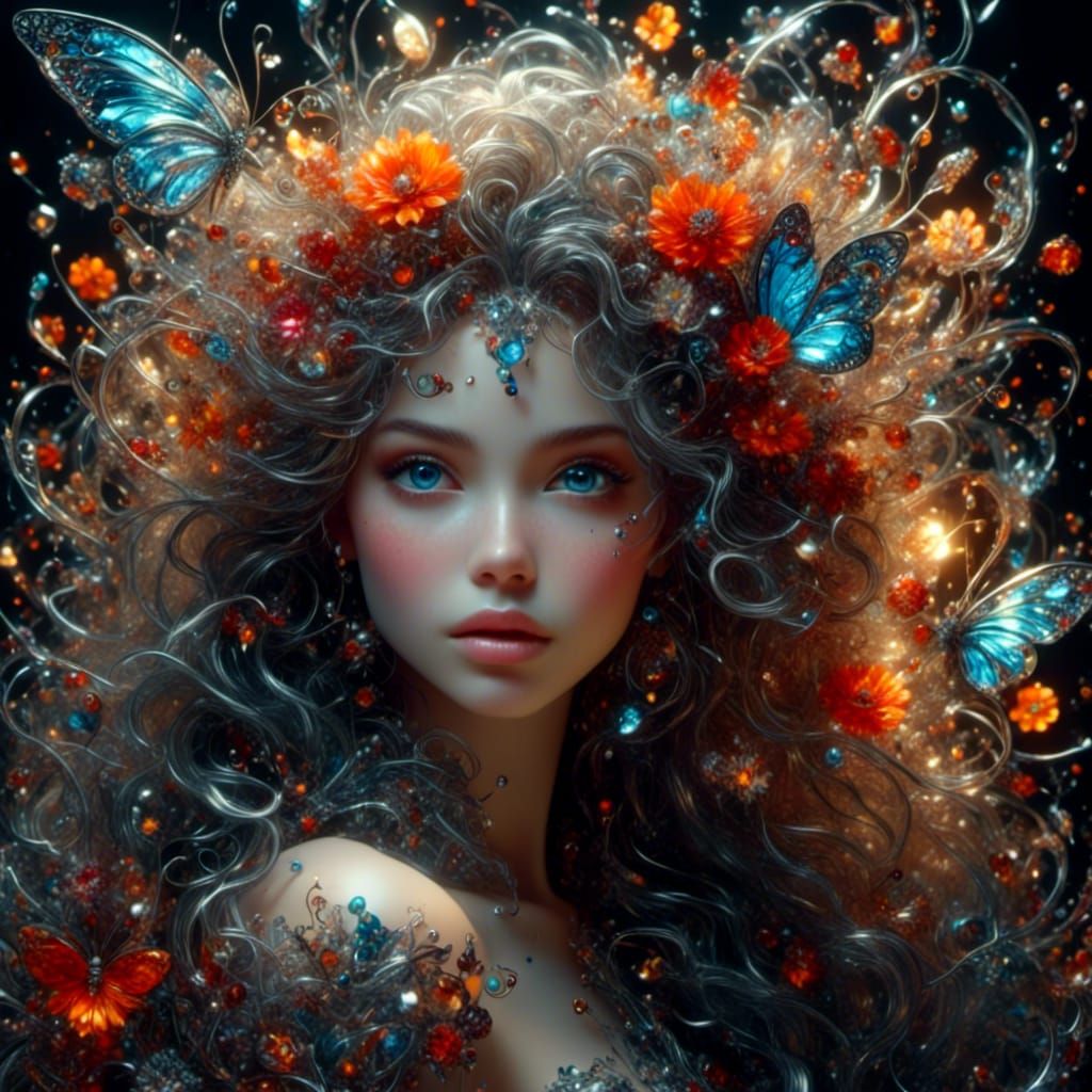 Stained Glass Woman with Butterflies and Flowers