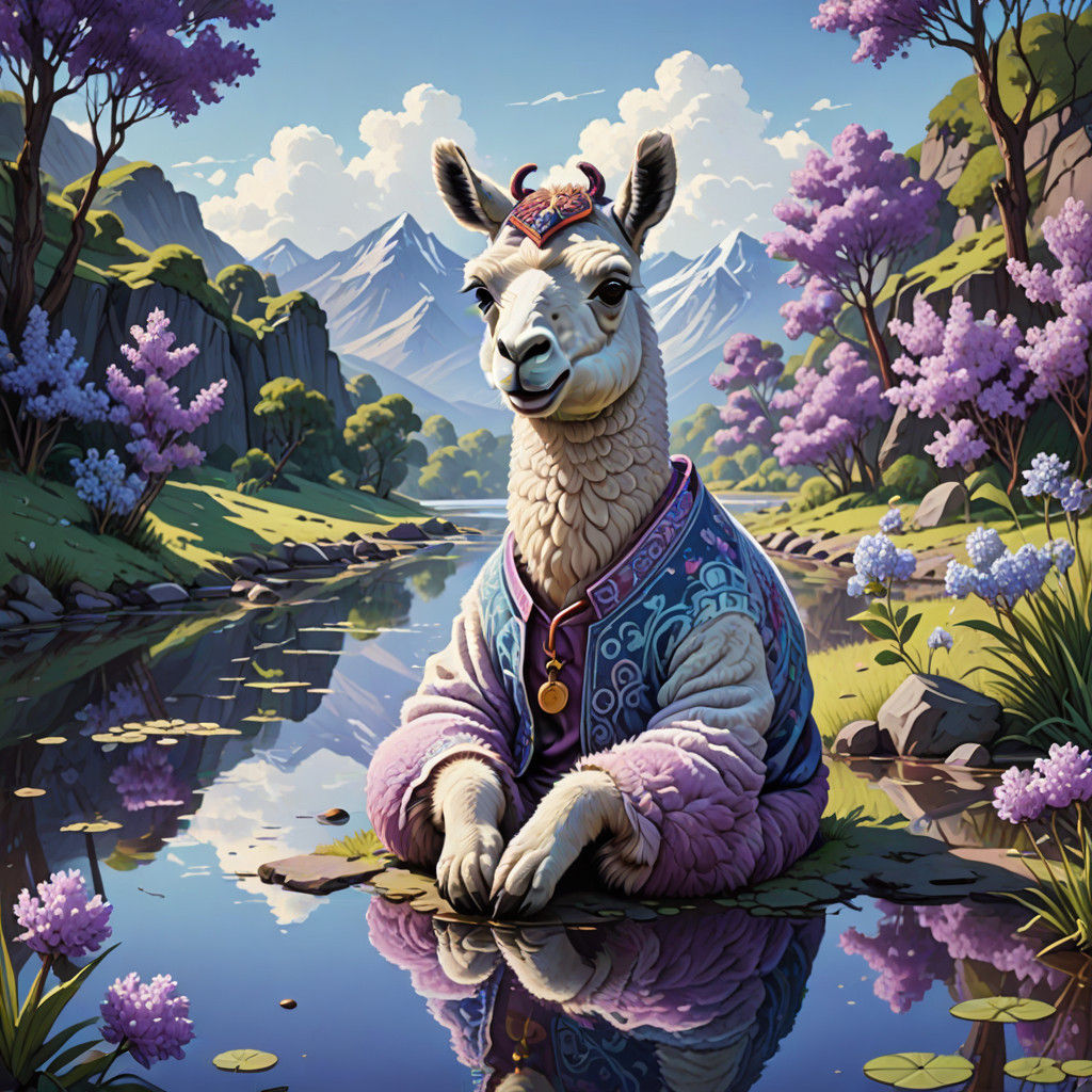 Lilac Alpaca in Whimsical Cartoon Landscape