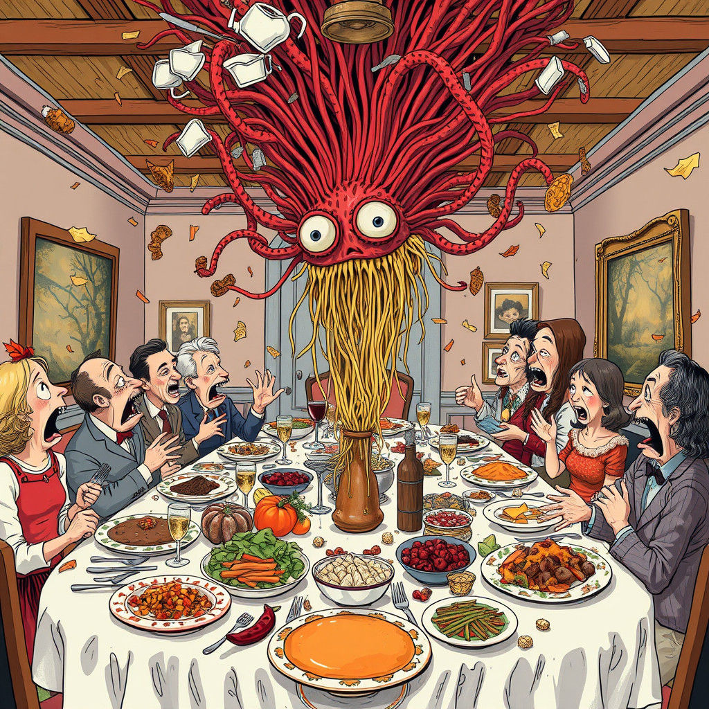 Flying Spaghetti Monster Crashes Thanksgiving: Whimsical Art