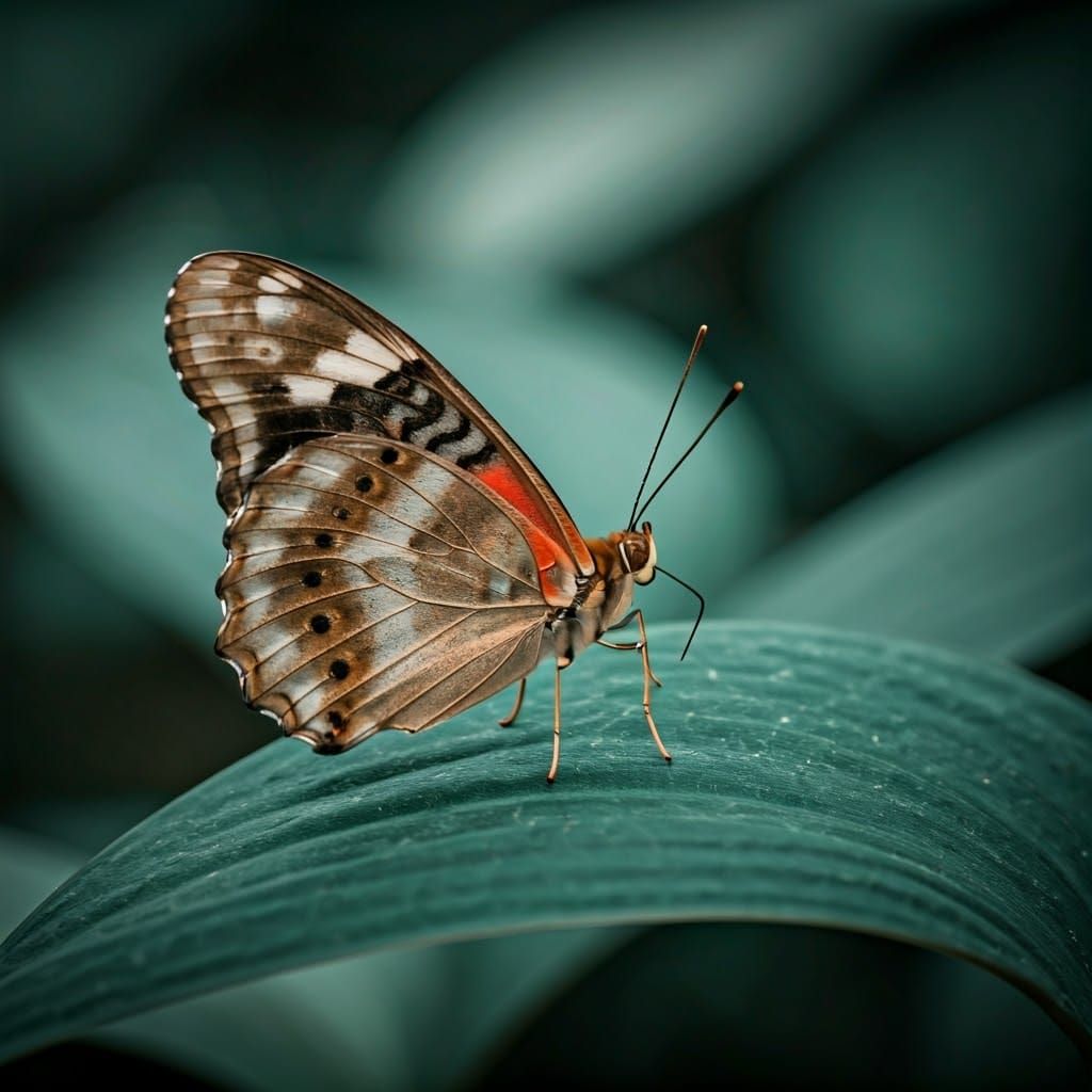 Iridescent Butterfly on Emerald Leaf: Watercolor Style