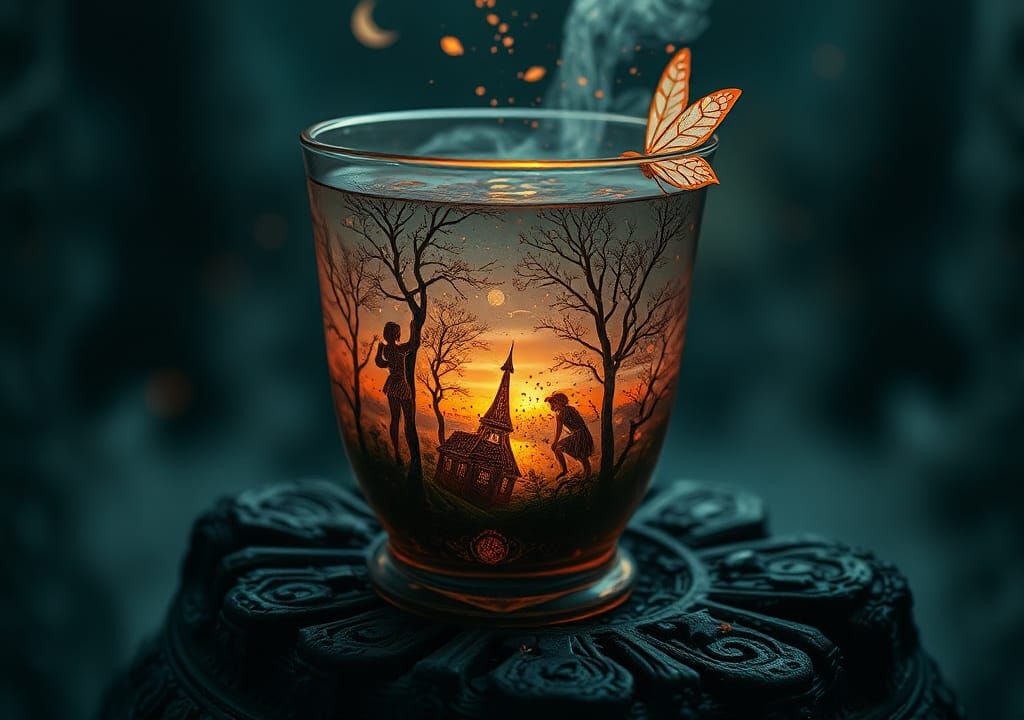 Surreal Fairy Cup Dreamscape in Alcohol Ink Style