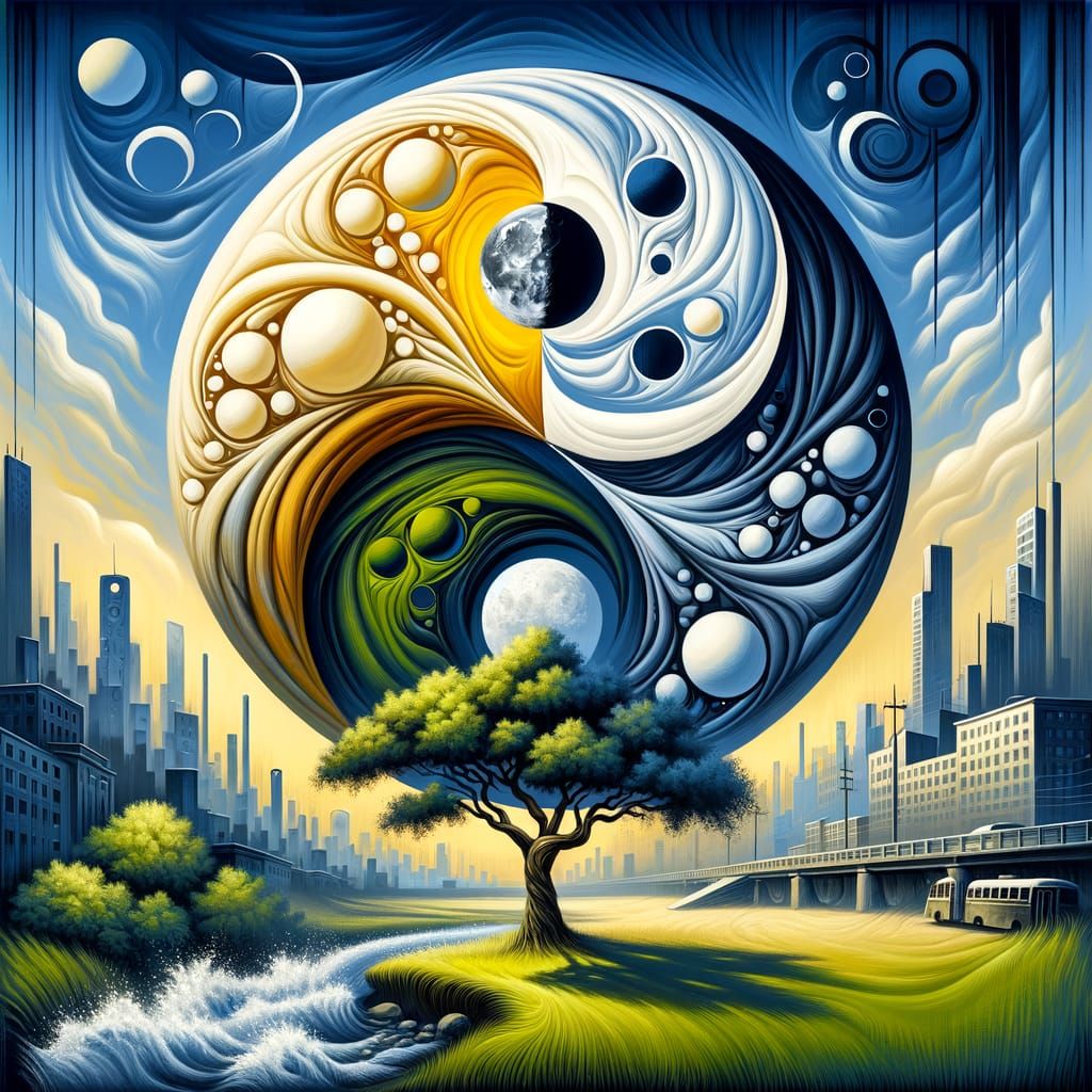 Urban Oak Tree Under Moon in Abstract Surrealism