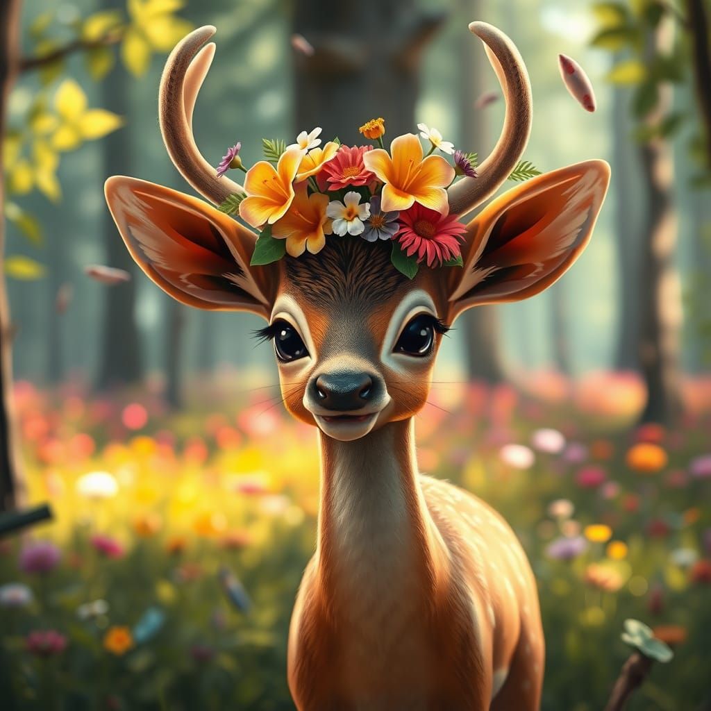 Vibrant Forest Fantasy with a Deer Wearing Wildflowers