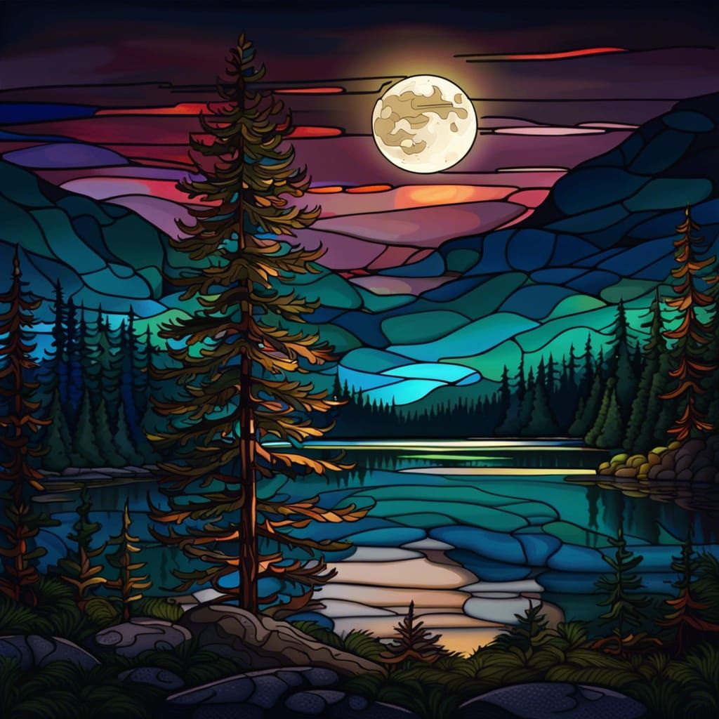 Stained Glass Night Landscape with Spruce and Moon