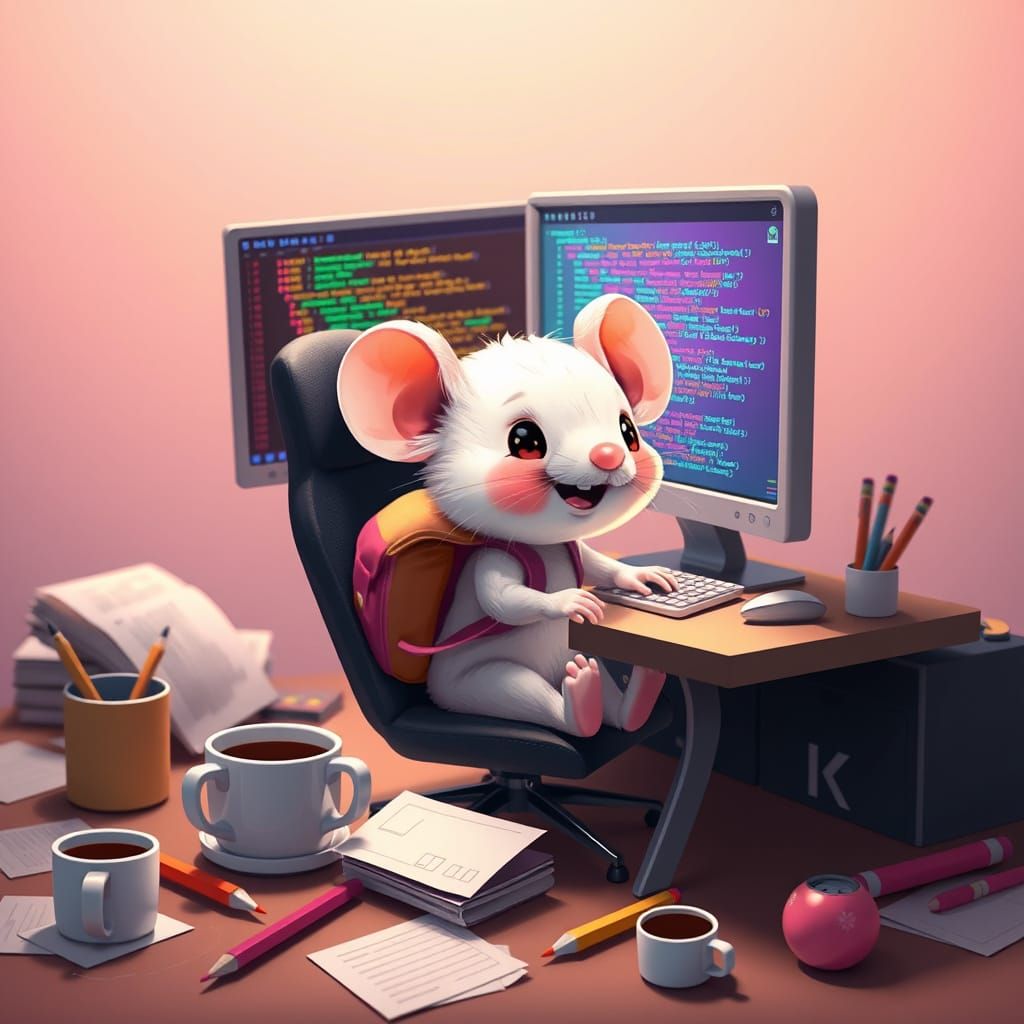 Chibified baby White mouse using a computer, Cute Digital Illustration by Jeff Soto, Brian Kesinger, Ross Tran, Pino Dae...