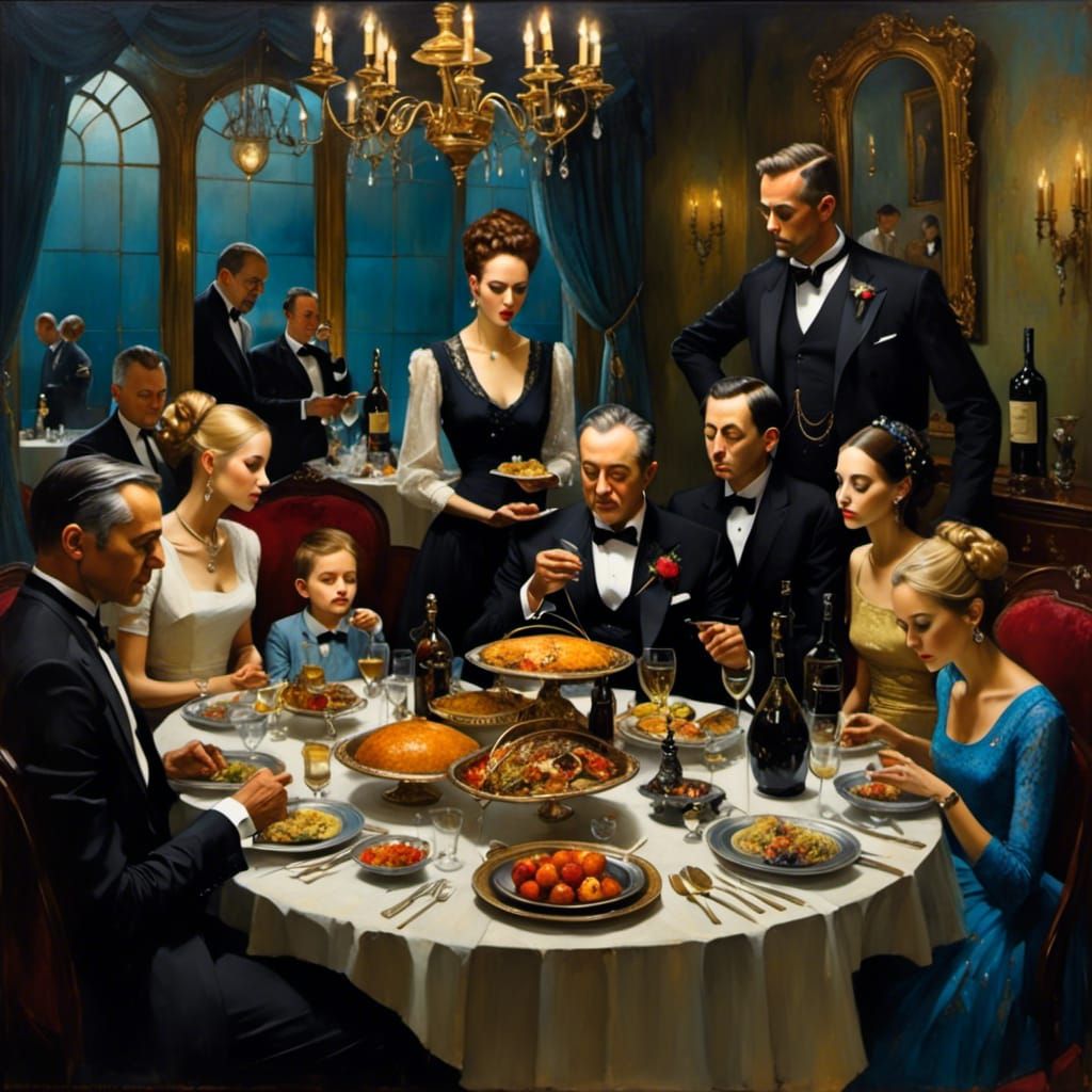 Family Dinner in Oil, Surreal Folk Art Style