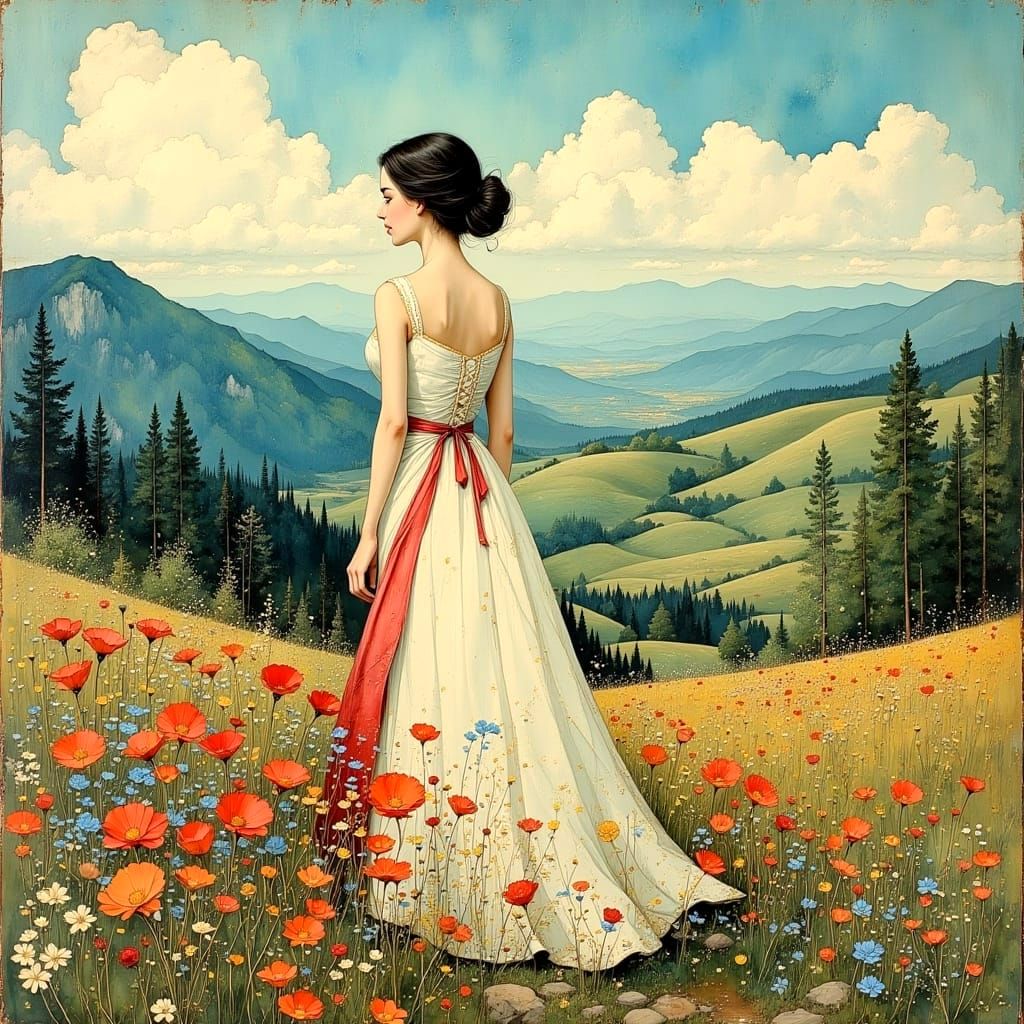 Vivid Abstract Mountain Meadow Landscape in Pastel Style