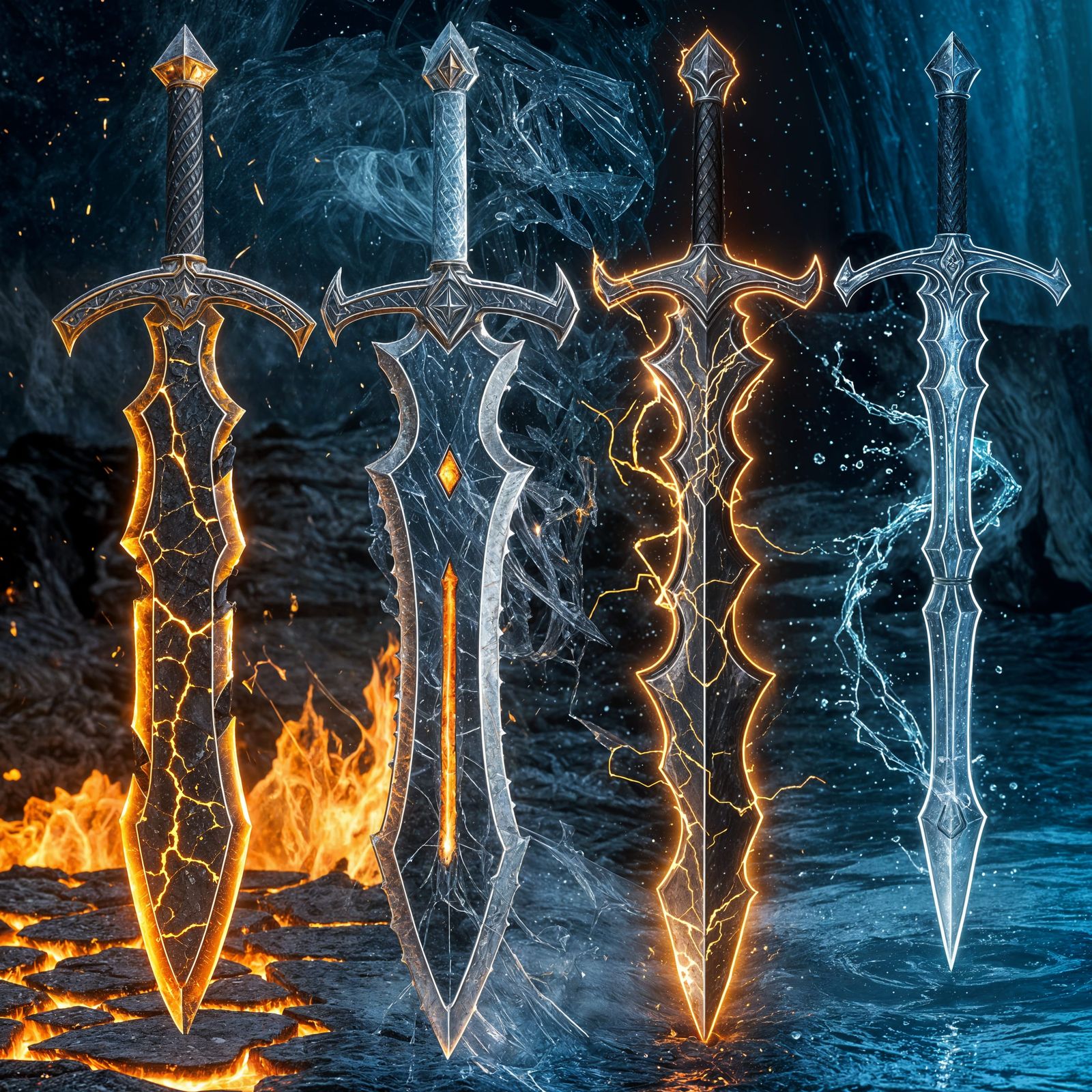 Swords of the Elements in a Mysterious, Dark Setting