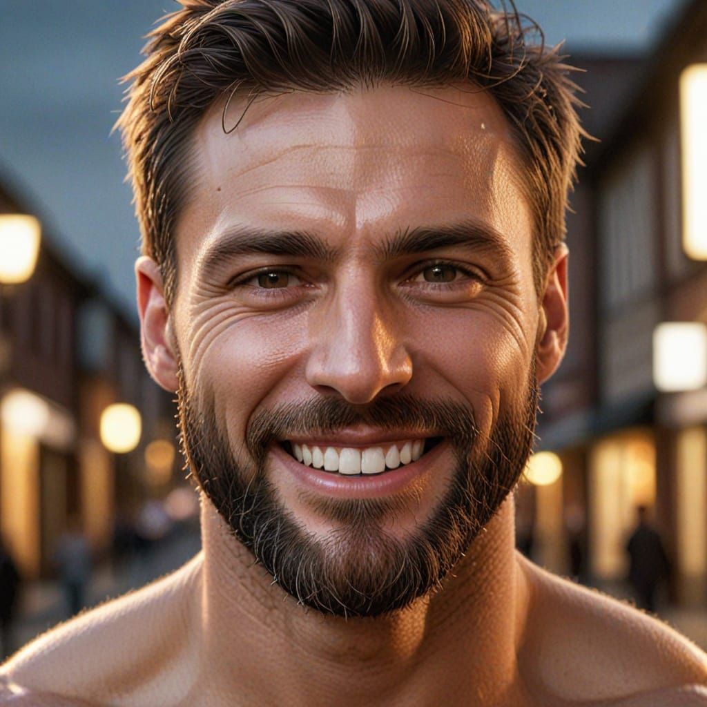 Hyperrealistic Portrait of Smiling Man with Sign
