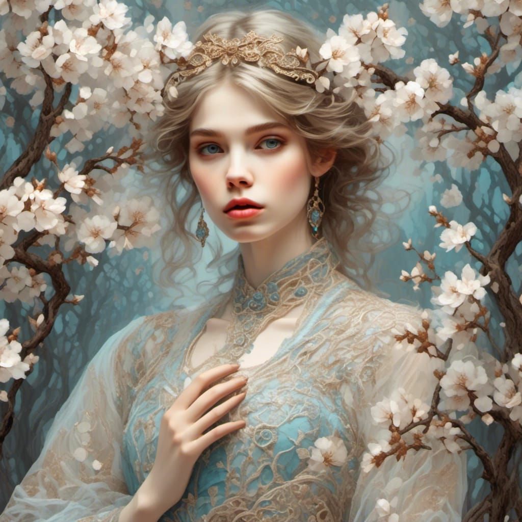 Girl in Almond Blossom Garden, Art Nouveau Style