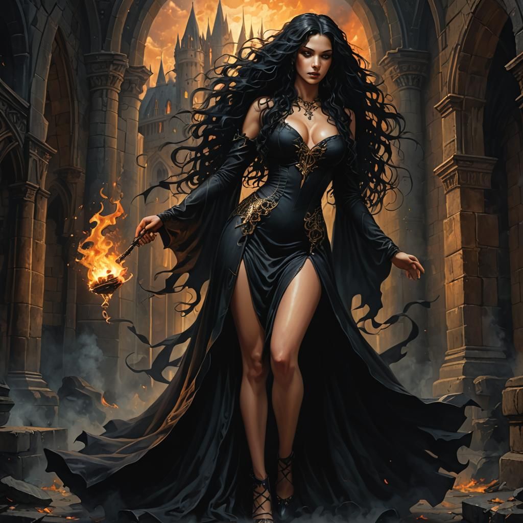 Gothic Sorceress in a Castle with Flames