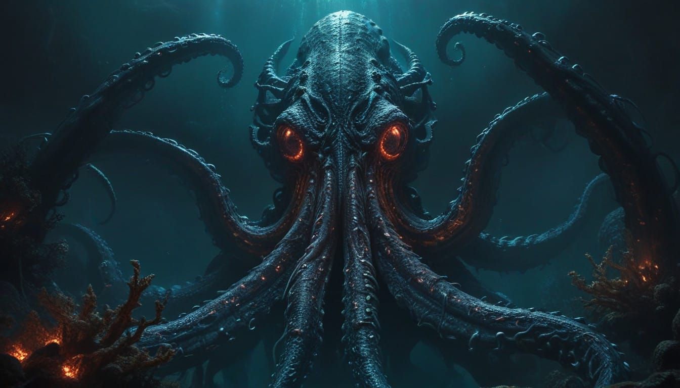 Gargantuan Cthulhu Squid Kraken Emerges from Ocean Depths in...