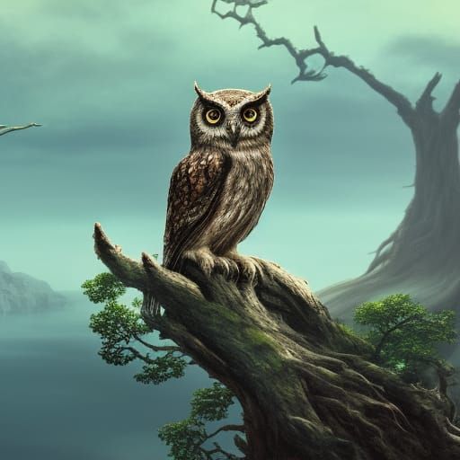 Celtic Owl Over Tranquil Sea: Fantasy Art