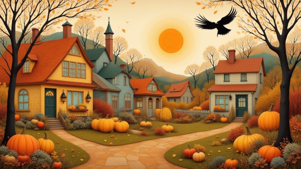 Whimsical Autumn Village Digital Painting