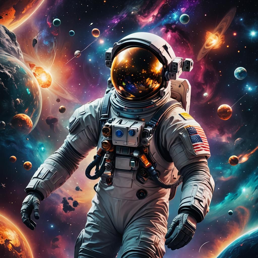 Astronaut in Deep Space Reflecting Galaxy