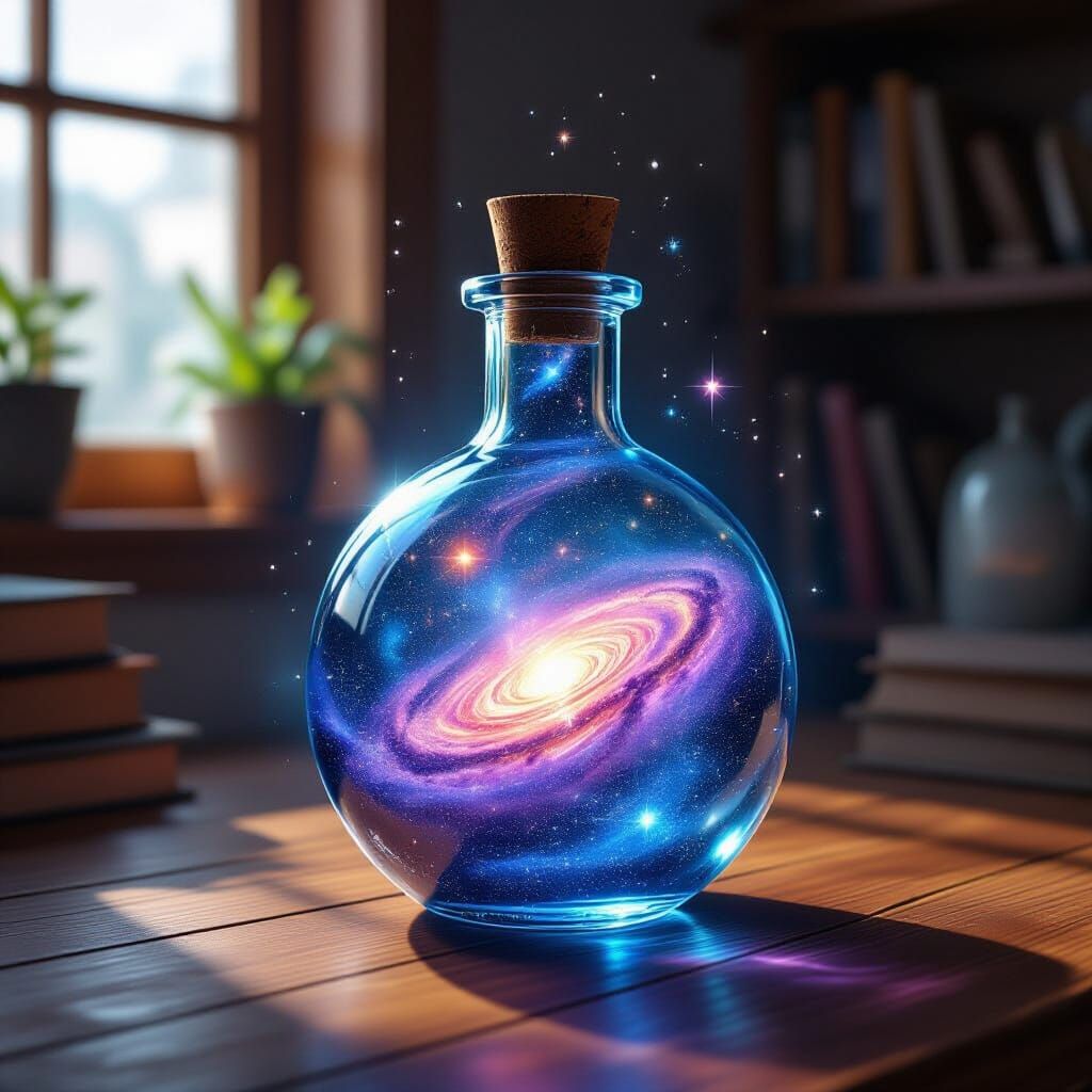 Glowing Potion Bottle with Galaxies Over Wooden Desk