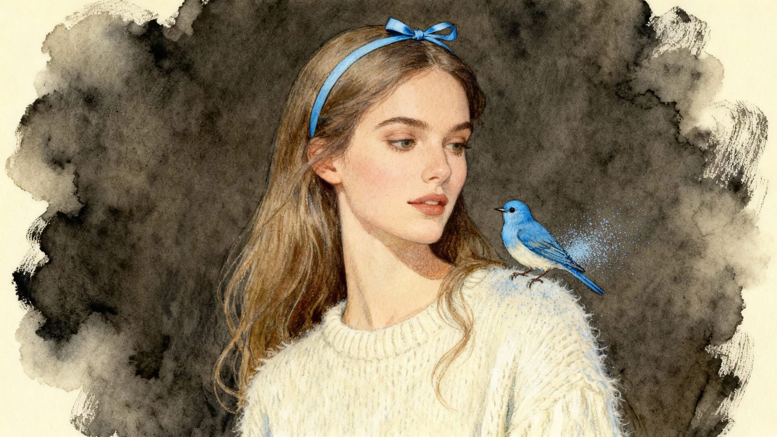 Whimsical Portrait of Woman with Bluebird and Ribbon