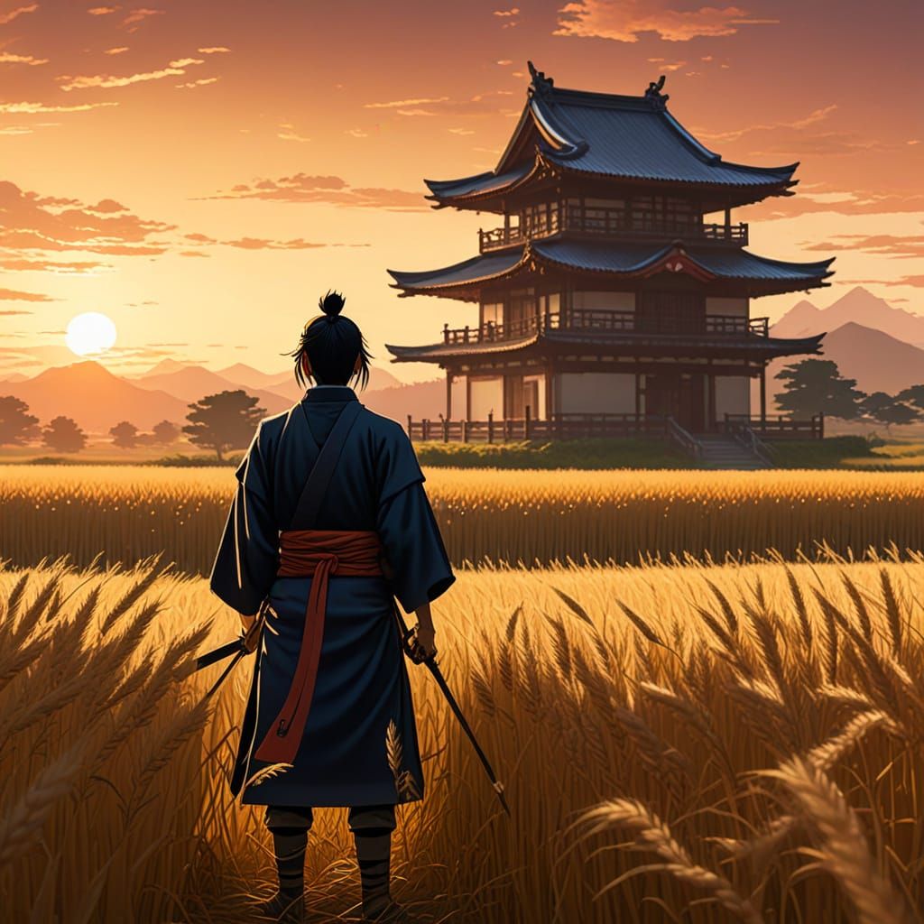Serene Samurai in Golden Hour, Studio Ghibli-Inspired Landsc...