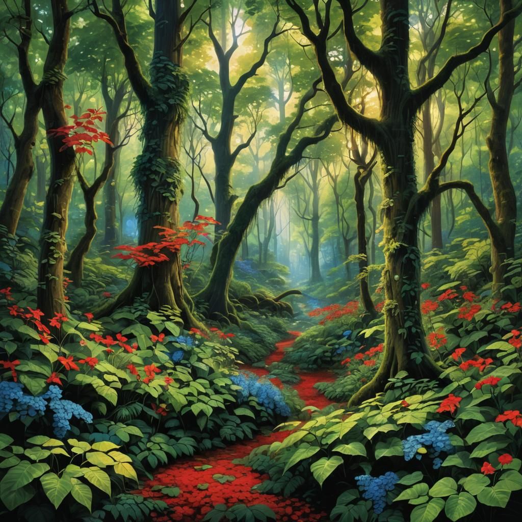 Lush Forest Scene with Magical Light, Fantasy Concept Art