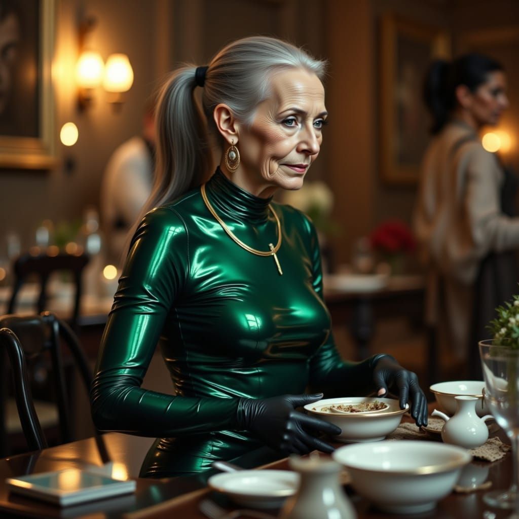 Elegant Elderly Woman in Shiny Green Catsuit