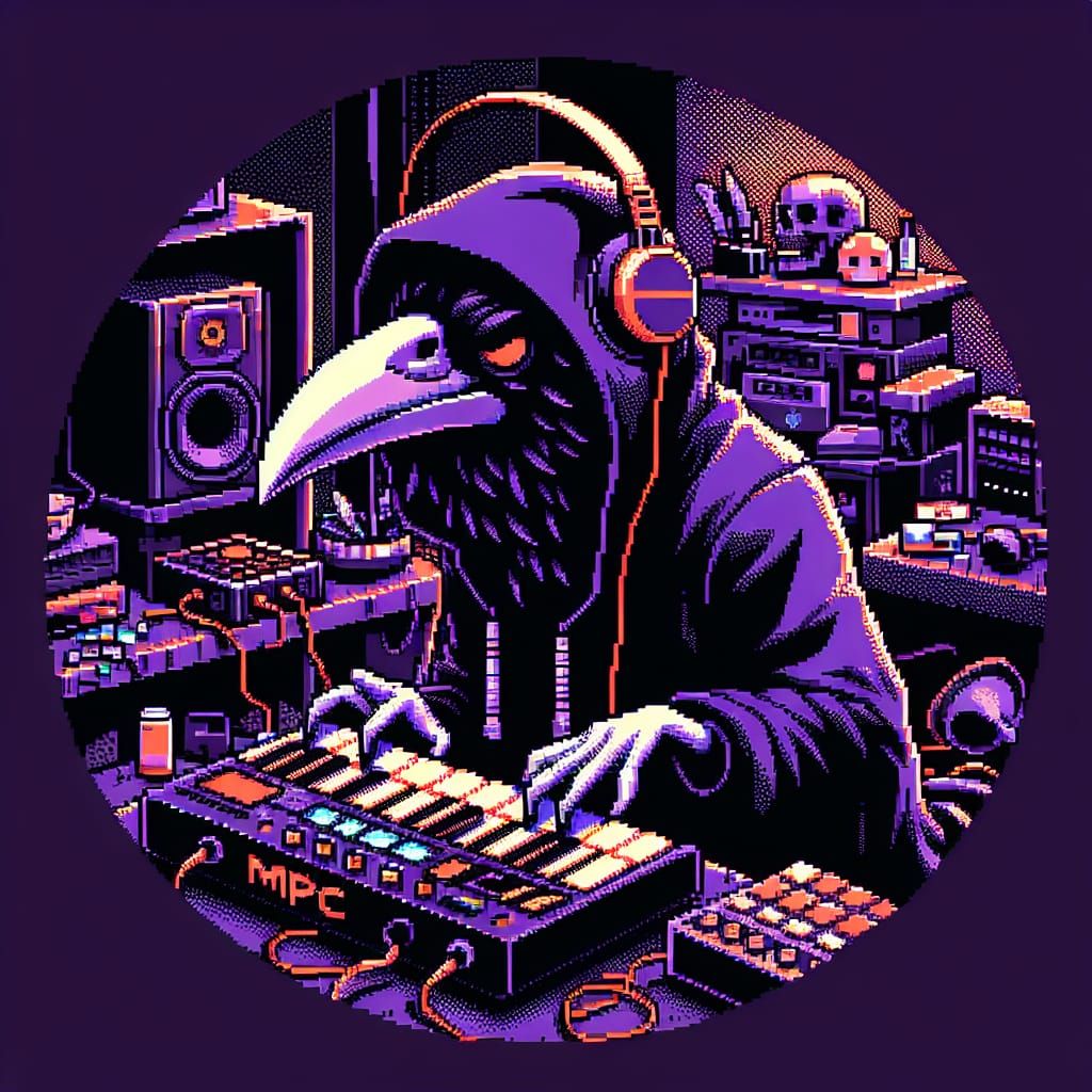 Cyberpunk Pixel Art: Spectral Crow DJ in Chaotic Room