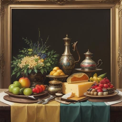 Still Life of Exotic Fruits and Cheeses in Warm Golden Light