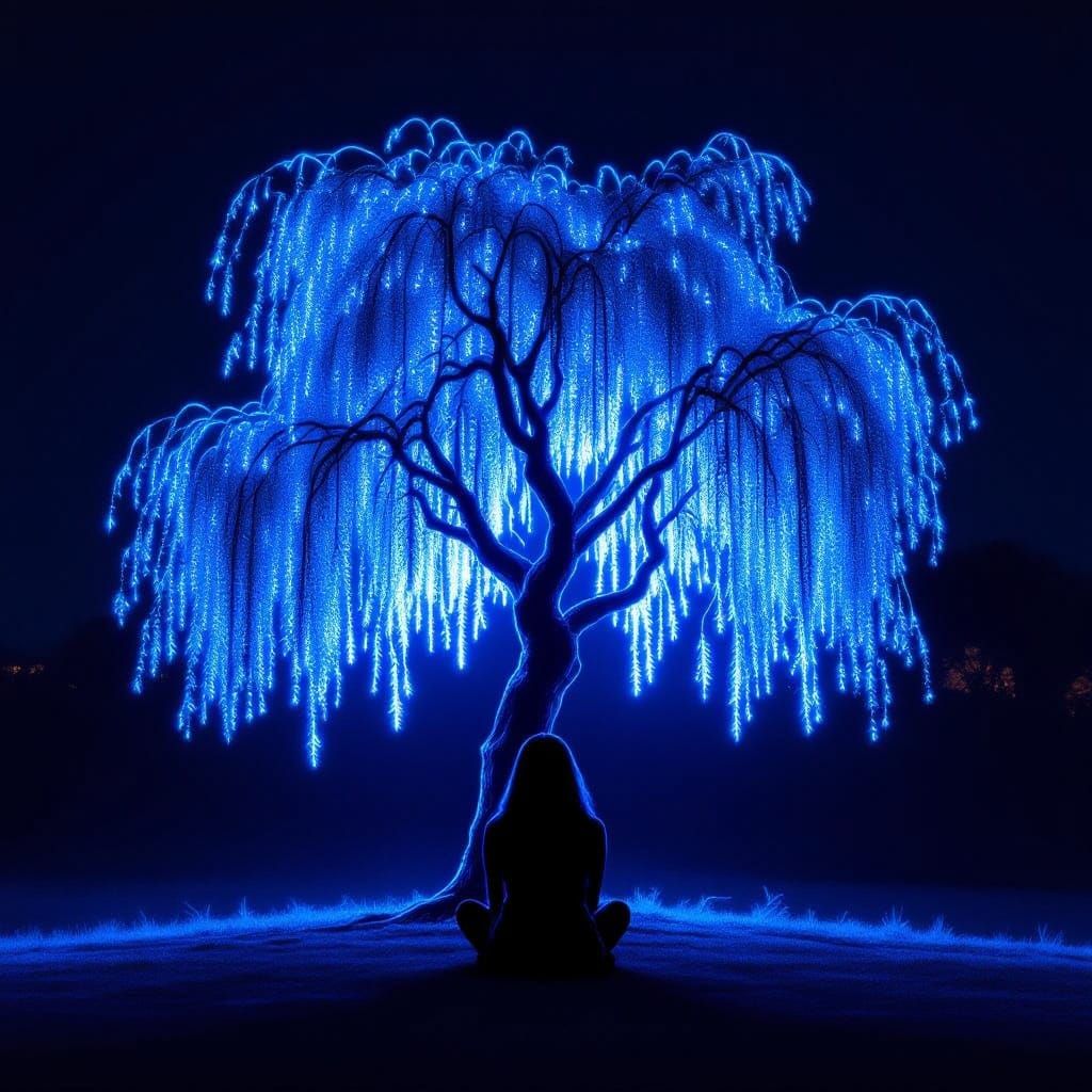 Neon Willow Tree Silhouette in the Dark