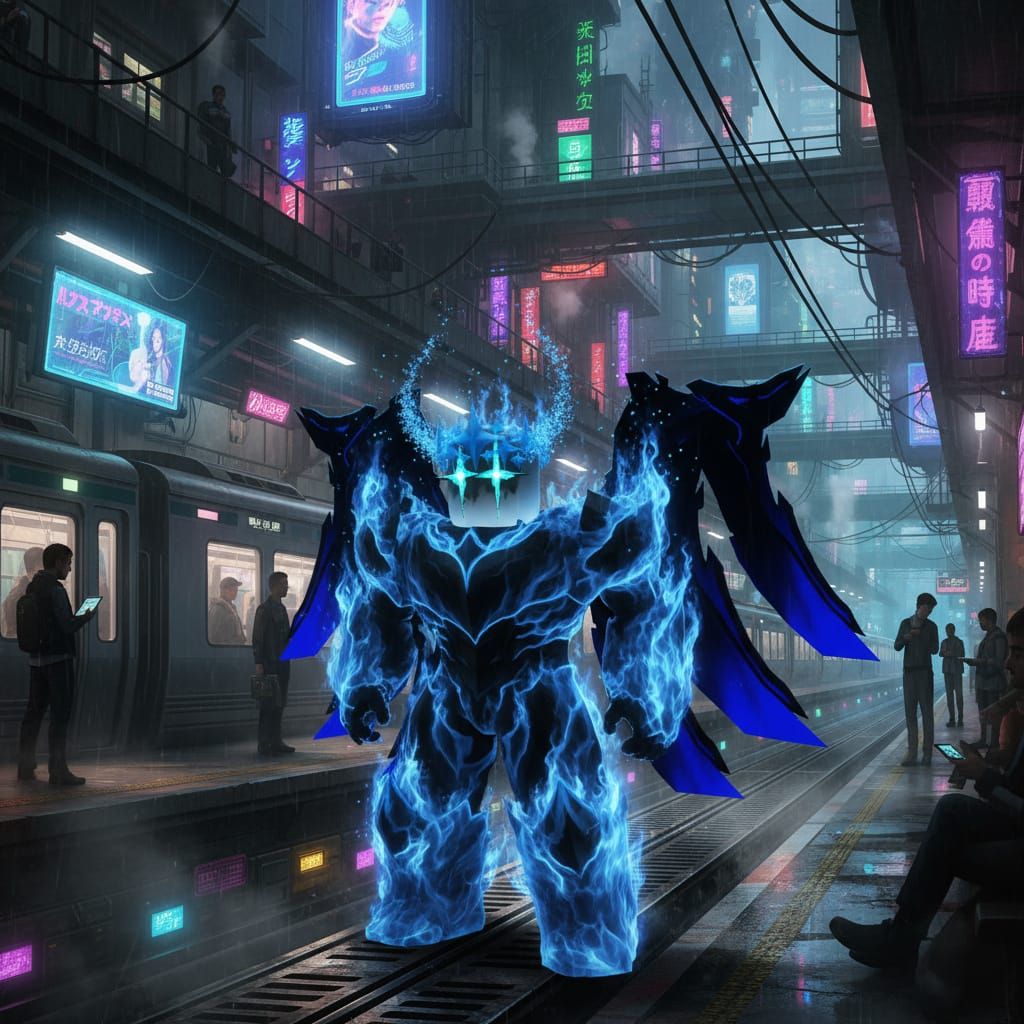 Cyberpunk Train Station with Fiery Humanoid Character