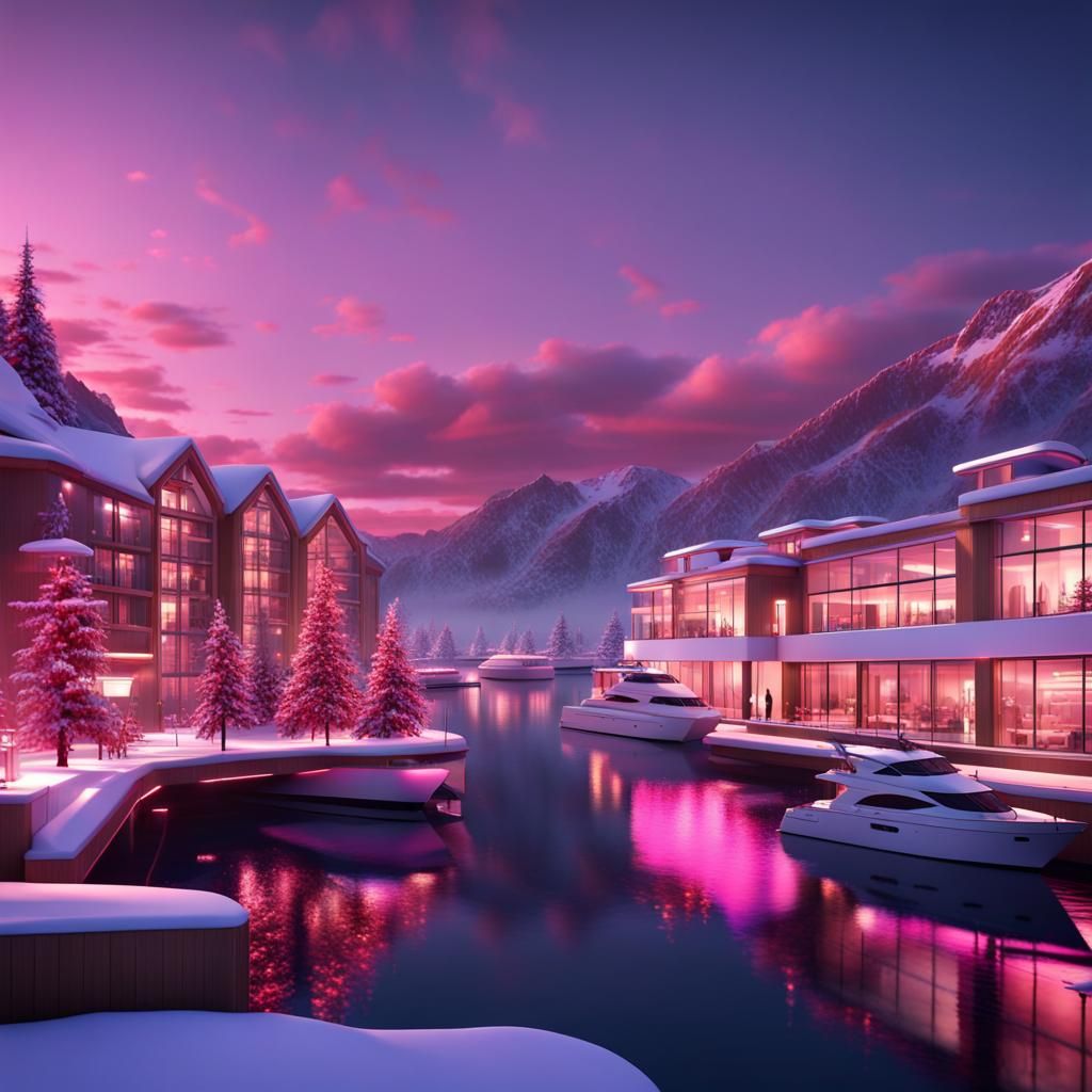 Snowy Marina at Sunset with Christmas Lights