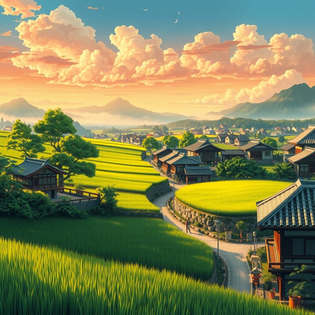 Japanese Village in Ukiyo-e Anime Style