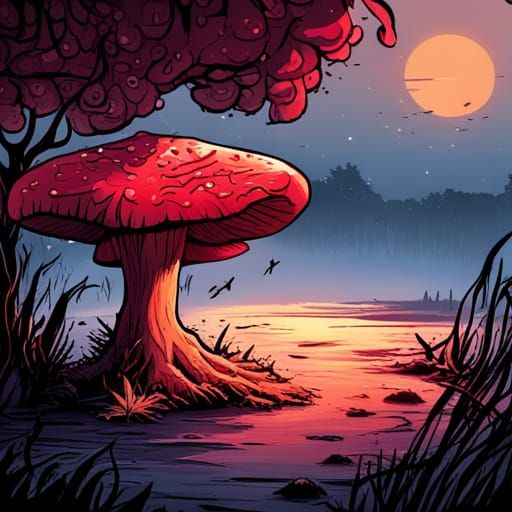 Fairycore Toadstool and Elder Tree at Sunset