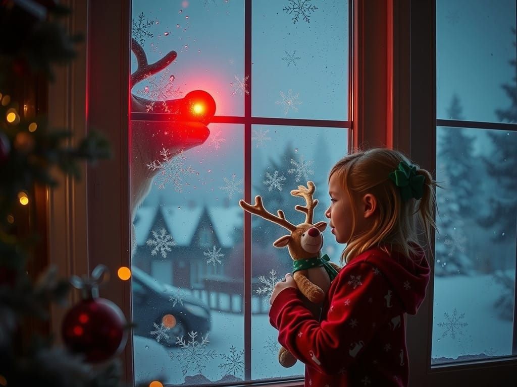 A high resolution, realistic, cinematic professional photo of a nighttime christmas scene depicting Rudolf the red nosed...