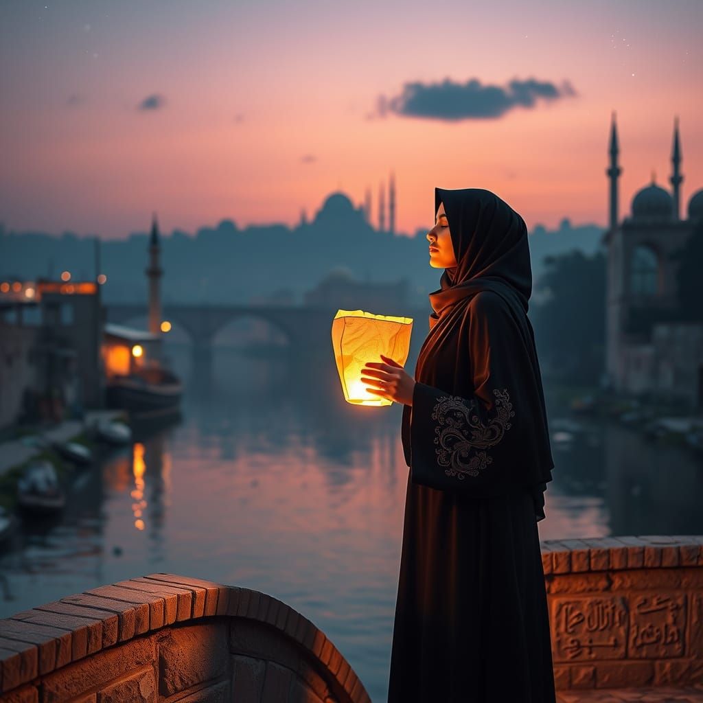 Contemplative Muslim Woman Releases Lantern at Twilight