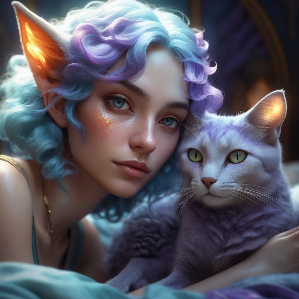Blue Elf Snuggles Fox-Cat Creature: Fairytale Portrait