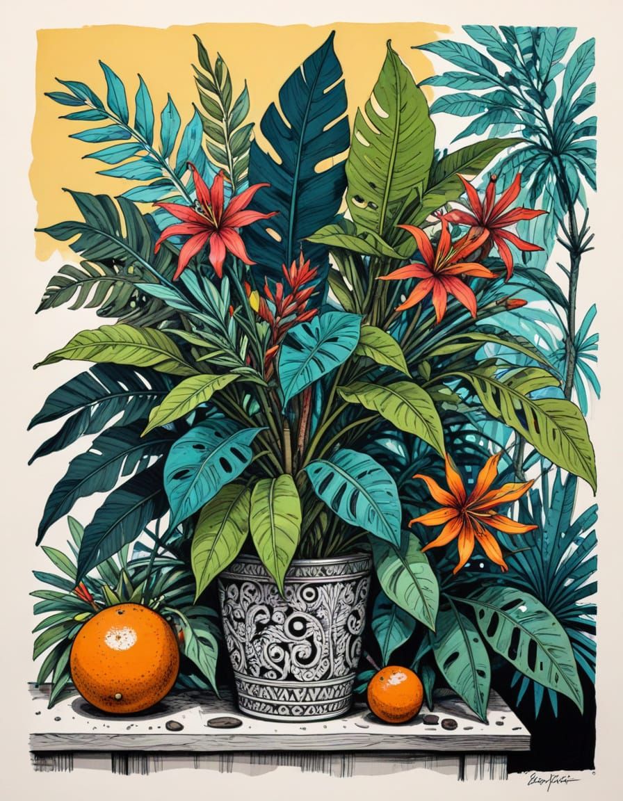 Urban Sketch of Exotic Caribbean Still Life in Quirky Pen an...