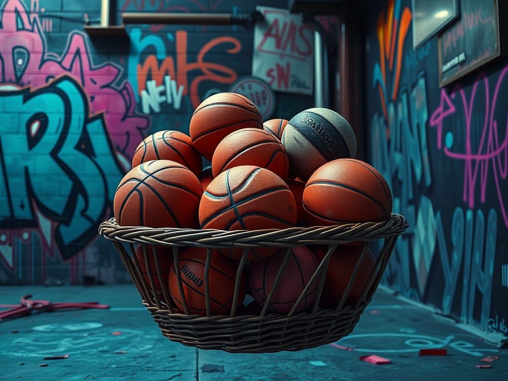 Hyperrealistic Basketballs Overflowing in Graffiti Basket