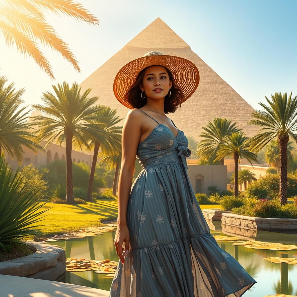 Egyptian Oasis Scene with Pyramid in Realism Style