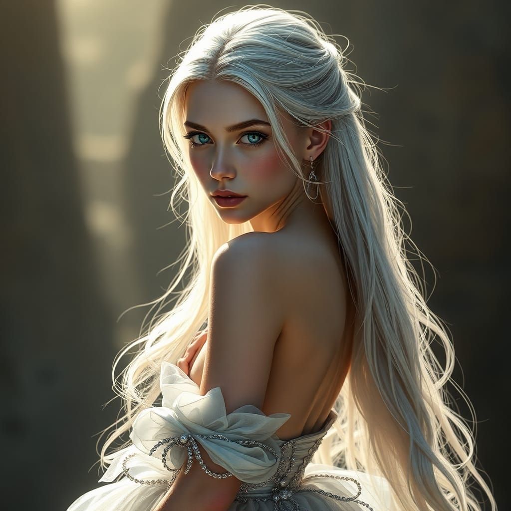 Ethereal Beauty in Silver Gown: Mystical Realism