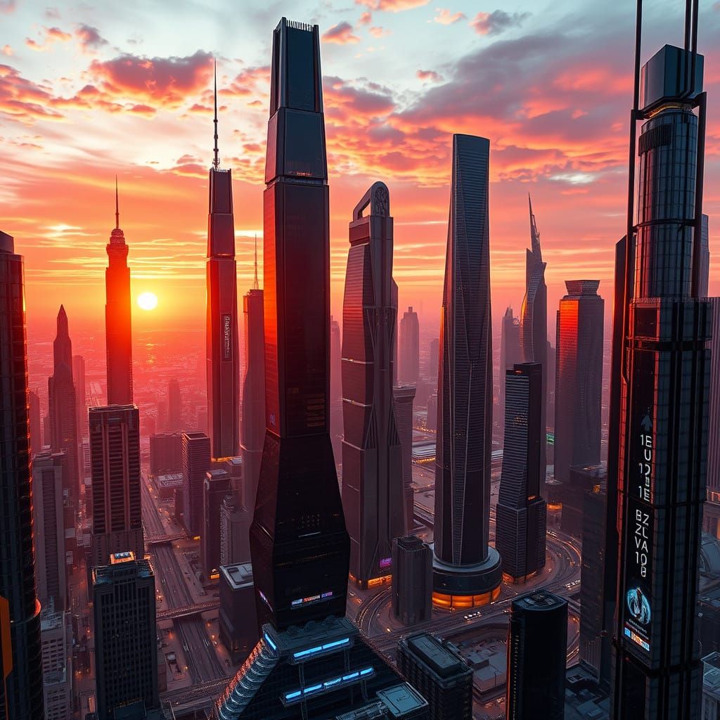 Futuristic Cityscape in Breathtaking 3D Style at Sunset