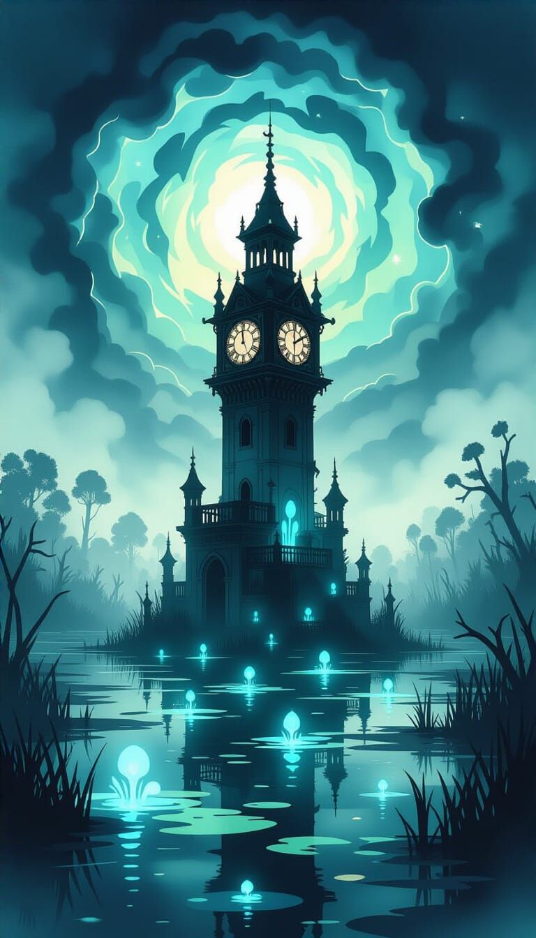 Ancient Clock Tower in Misty Swamp with Bioluminescent Flora