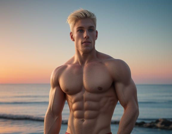Shirtless Male Swimmer in Warm Sunset Light