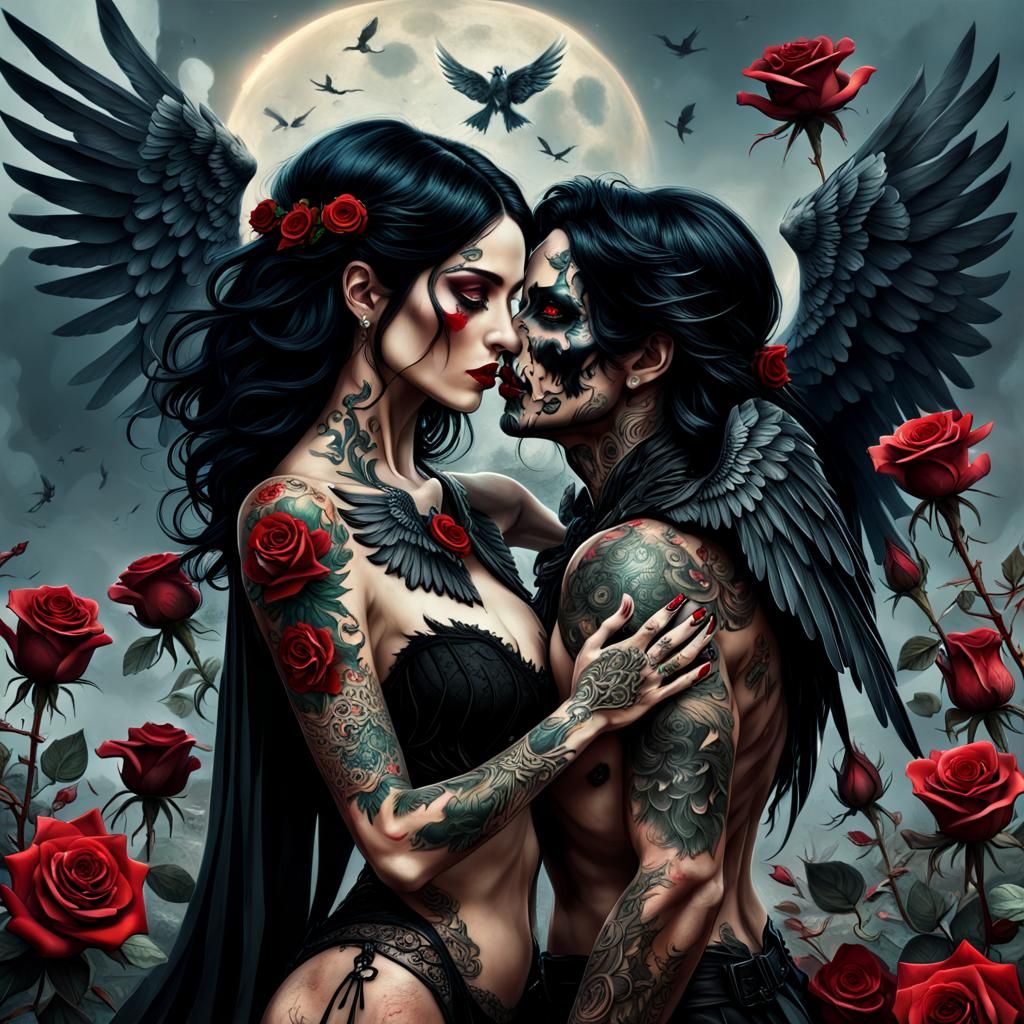Goddess with Black Wings Kissing Dead Man