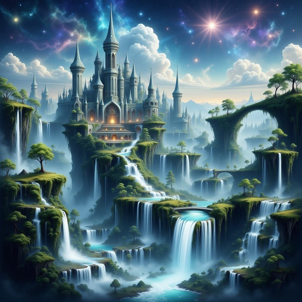 Majestic Floating City in Nebulae Sky